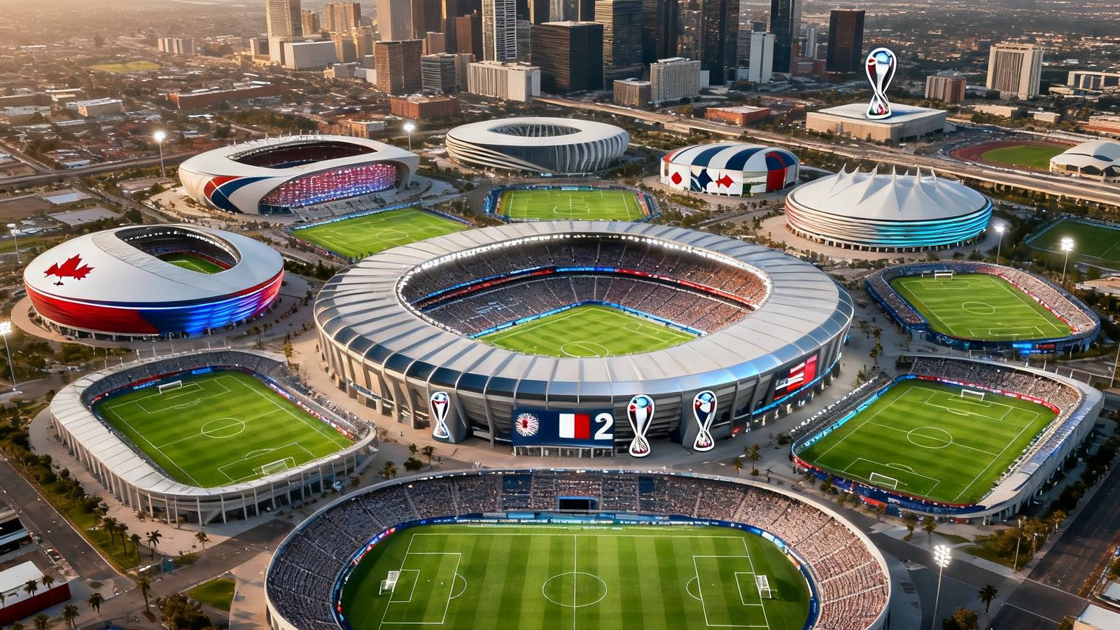2026年美加墨世界杯官方赛事场馆全景俯瞰图，展示了分布在美国、加拿大、墨西哥三个国家的16座现代化足球场馆的壮观航拍画面，绿茵场与城市天际线交相辉映。
