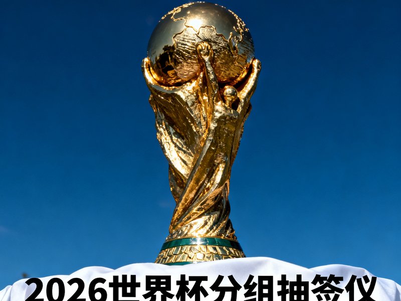 2026世界杯分组抽签仪式即将在迈阿密举行的新闻配图，展示了一个金色的世界杯奖杯放在深蓝色背景前的特写照片。